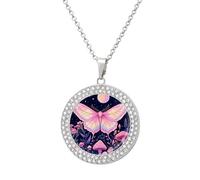 RLDOBOFE Moths Under The Moon Pendant Necklace for Women Charm Diamond Circle Necklaces with 20 Inch Chain Cute Diamond Jewelry Necklaces for Birthday Christmas Valentine's Day Gift