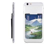 RLDOBOFE Mountain Deer Watercolor Landscape Phone Wallet, Stick On Card Holder for Back of Phone Case - Leather Cell Phone Card Wallet Sleeve Adhesive Phone Pocket - Compatible with Most Cell Phones