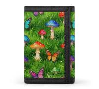 RLDOBOFE Mushroom Forest Green Trifold Wallet Minimalist Mens Wallet with Key Hook 8 Card Slots Modern Stylish Polyester Security Wallets Fashion Slim Credit Card Holder Id Window
