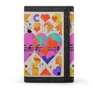 RLDOBOFE Music Symbols Love Trifold Wallet Minimalist Mens Wallet with Key Hook 8 Card Slots Modern Stylish Polyester Security Wallets Fashion Slim Credit Card Holder Id Window