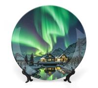 RLDOBOFE Northern Lights Decorative Plate Ceramic Display Plate with Stand Salad Plates Colorful Porcelain Dinner Dishes Dessert Appetizer Dishes for Kitchen Party Table Decor 10inch