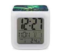 RLDOBOFE Northern Lights Digital Alarm Clock with 7 Color Changing Wake Up Night Light with LED Temperature Date Display Battery Operated Gifts Room Decor for Home Bedroom