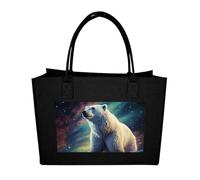 RLDOBOFE Northern Lights Polar Bear Felt Tote Bag Reusable Foldable Grocery Bag Versatile Large Capacity Commuter Handbag Black