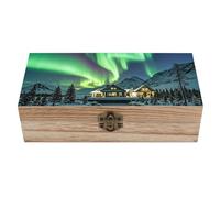 RLDOBOFE Northern Lights Wooden Keepsake Box with Lids Wood Storage Box with A Hinged Lid Decorative Boxes Table Large Rectangular Organizer Container for Jewelry Photos Craft