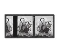 RLDOBOFE Octopus And Ship Trifold Wallet Minimalist Mens Wallet with Key Hook 8 Card Slots Modern Stylish Polyester Security Wallets Fashion Slim Credit Card Holder Id Window