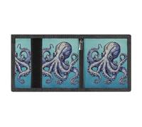 RLDOBOFE Octopus Design Trifold Wallet Minimalist Mens Wallet with Key Hook 8 Card Slots Modern Stylish Polyester Security Wallets Fashion Slim Credit Card Holder Id Window