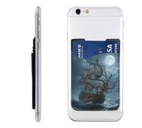 RLDOBOFE Octopus Kraken Pirate Ship Ocean Phone Wallet, Stick On Card Holder for Back of Phone Case - Leather Cell Phone Card Wallet Sleeve Adhesive Phone Pocket - Compatible with Most Cell Phones