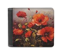 RLDOBOFE Oil Painting Red Flower Wallet Passcase for Men, Extra Capacity Bifold Leather Wallets with ID Windows, Slim Stylish Wallet for Gift, Blocking Money Clip for Cards, Coin Pouch