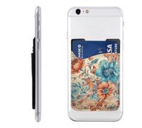 RLDOBOFE Orange Floral Pattern Phone Wallet, Stick On Card Holder for Back of Phone Case - Leather Cell Phone Card Wallet Sleeve Adhesive Phone Pocket - Compatible with Most Cell Phones