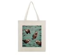 RLDOBOFE Otters Print Canvas Tote Bag Reusable Grocery Bag Lightweight Shopping Cloth Bags with Long Handles Aesthetic Cute Shoulder Bags for Women Lady Casual Vacation