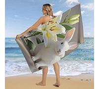 RLDOBOFE Over Sized 63" X 31" White Rabbit and Lilies Beach Towel Soft Pool Towels Quick Dry Sand Free Beach Towel Blanket Essentials Accessories Towels for Travel Bath Camping Adults