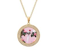 RLDOBOFE Paradise Flycatcher on Camellia Pendant Necklace for Women Charm Diamond Circle Necklaces with 20 Inch Chain Cute Diamond Jewelry Necklaces for Birthday Christmas Valentine's Day Gift