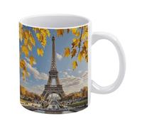 RLDOBOFE Paris Eiffel Tower with Autumn Leaves Ceramic Coffee Mug, 11.2 Oz Tea Cup with Handle, Coffee Cup for Latte Hot Tea Cappuccino Mocha Cocoa