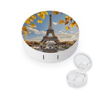 RLDOBOFE Paris Eiffel Tower with Autumn Leaves Round Contact Lens Case, Portable Contact Lens Box with Mirror, Compact Holder Container for Daily Makeup Office Travel Outdoor