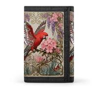 RLDOBOFE Parrot Flower Trifold Wallet Minimalist Mens Wallet with Key Hook 8 Card Slots Modern Stylish Polyester Security Wallets Fashion Slim Credit Card Holder Id Window