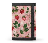 RLDOBOFE Peach Strawberry Print Trifold Wallet Minimalist Mens Wallet with Key Hook 8 Card Slots Modern Stylish Polyester Security Wallets Fashion Slim Credit Card Holder Id Window