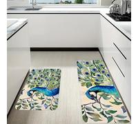 RLDOBOFE Peacock Watercolor Painting Kitchen Mats Set of 2 Cushioned Anti-Fatigue Non-Slip Kitchen Runner Rugs Comfort Foam Standing Mat Absorbent Floor Rug for Office Sink Home Laundry