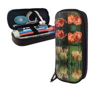 RLDOBOFE Pencil Case Large Capacity Pencil Pouch Aesthetic Pen Bag Office Stationery Organizer Leather Pen Holder Tulips in the Garden Makeup Bags Pencil Case Box for Men Women Work Office
