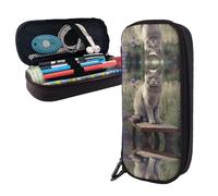 RLDOBOFE Pencil Case Large Capacity Pencil Pouch Aesthetic Pen Bag Office Stationery Organizer Leather Pen Holder Gray Cat in Flower Field Makeup Bags Pencil Case Box for Men Women Work Office