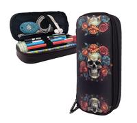 RLDOBOFE Pencil Case Large Capacity Pencil Pouch Aesthetic Pen Bag Office Stationery Organizer Leather Pen Holder Skull Surrounded by Flowers Makeup Bags Pencil Case Box for Men Women Work Office
