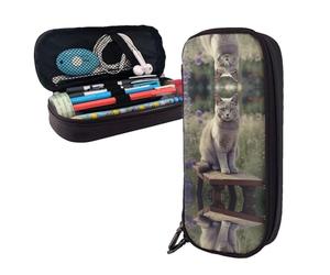 RLDOBOFE Pencil Case Large Capacity Pencil Pouch Aesthetic Pen Bag Office Stationery Organizer Leather Pen Holder Gray Cat in Flower Field Makeup Bags Pencil Case Box for Men Women Work Office