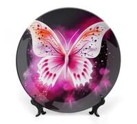 RLDOBOFE Pink Butterfly Decorative Plate Ceramic Display Plate with Stand Salad Plates Colorful Porcelain Dinner Dishes Dessert Appetizer Dishes for Kitchen Party Table Decor 6inch