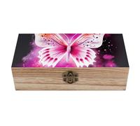 RLDOBOFE Pink Butterfly Wooden Keepsake Box with Lids Wood Storage Box with A Hinged Lid Decorative Boxes Table Large Rectangular Organizer Container for Jewelry Photos Craft