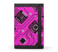 RLDOBOFE Pink Circuit Board Trifold Wallet Minimalist Mens Wallet with Key Hook 8 Card Slots Modern Stylish Polyester Security Wallets Fashion Slim Credit Card Holder Id Window