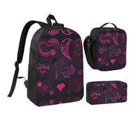 RLDOBOFE Pink Heart Collection Backpack Set 3 PCS - 17 Inch Laptop Backpack with Lunch Bag, Waterproof Daypack Insulated Lunch Box Large Capacity Coin Pouch Personalized Gift