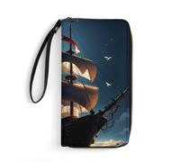 RLDOBOFE Pirate Sailboat Full Moon PU Leather Wallet with Rope, Zip Multi-Layer Pocket Card Holder, Small Purse for Men And Women