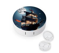 RLDOBOFE Pirate Sailboat Full Moon Round Contact Lens Case, Portable Contact Lens Box with Mirror, Compact Holder Container for Daily Makeup Office Travel Outdoor