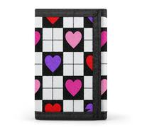 RLDOBOFE Plaid Hearts Trifold Wallet Minimalist Mens Wallet with Key Hook 8 Card Slots Modern Stylish Polyester Security Wallets Fashion Slim Credit Card Holder Id Window