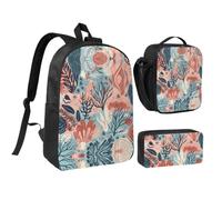 RLDOBOFE Plants Under the Sea Backpack Set 3 PCS - 17 Inch Laptop Backpack with Lunch Bag, Waterproof Daypack Insulated Lunch Box Large Capacity Coin Pouch Personalized Gift