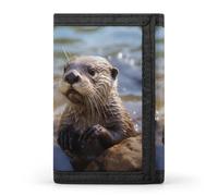 RLDOBOFE Playing Otter Trifold Wallet Minimalist Mens Wallet with Key Hook 8 Card Slots Modern Stylish Polyester Security Wallets Fashion Slim Credit Card Holder Id Window