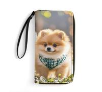 RLDOBOFE Pomeranians Puppies PU Leather Wallet with Rope, Zip Multi-Layer Pocket Card Holder, Small Purse for Men And Women