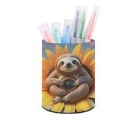 RLDOBOFE PU Leather Animal Sitting on Sunflower Pen Holder Round Pencil Organizer Stand Makeup Brush Stationery Container Desk Accessories Storage Organizer Desktop Box for Office Home