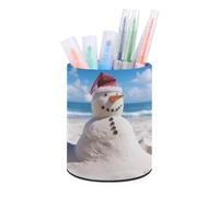 RLDOBOFE PU Leather Beach Sandy Snowman Pen Holder Round Pencil Organizer Stand Makeup Brush Stationery Container Desk Accessories Storage Organizer Desktop Box for Office Home