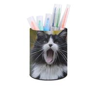 RLDOBOFE PU Leather Black And White Cat Pen Holder Round Pencil Organizer Stand Makeup Brush Stationery Container Desk Accessories Storage Organizer Desktop Box for Office Home