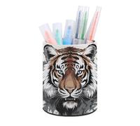 RLDOBOFE PU Leather Black And White Tiger Pen Holder Round Pencil Organizer Stand Makeup Brush Stationery Container Desk Accessories Storage Organizer Desktop Box for Office Home