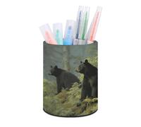 RLDOBOFE PU Leather Black Bears Pen Holder Round Pencil Organizer Stand Makeup Brush Stationery Container Desk Accessories Storage Organizer Desktop Box for Office Home