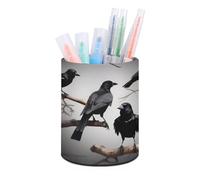RLDOBOFE PU Leather Black Birds on A Branch Pen Holder Round Pencil Organizer Stand Makeup Brush Stationery Container Desk Accessories Storage Organizer Desktop Box for Office Home