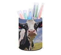 RLDOBOFE PU Leather Black White Cow Pen Holder Round Pencil Organizer Stand Makeup Brush Stationery Container Desk Accessories Storage Organizer Desktop Box for Office Home