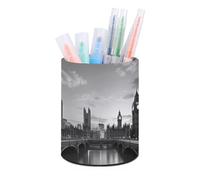 RLDOBOFE PU Leather Black White Tall Building Pen Holder Round Pencil Organizer Stand Makeup Brush Stationery Container Desk Accessories Storage Organizer Desktop Box for Office Home
