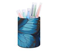 RLDOBOFE PU Leather Blue Butterfly Pattern Pen Holder Round Pencil Organizer Stand Makeup Brush Stationery Container Desk Accessories Storage Organizer Desktop Box for Office Home