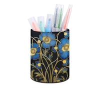 RLDOBOFE PU Leather Blue Floral Design Pen Holder Round Pencil Organizer Stand Makeup Brush Stationery Container Desk Accessories Storage Organizer Desktop Box for Office Home