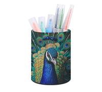 RLDOBOFE PU Leather Blue Peacock Pen Holder Round Pencil Organizer Stand Makeup Brush Stationery Container Desk Accessories Storage Organizer Desktop Box for Office Home