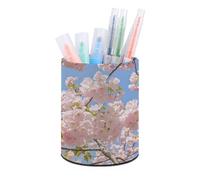RLDOBOFE PU Leather Cherry Blossom Pen Holder Round Pencil Organizer Stand Makeup Brush Stationery Container Desk Accessories Storage Organizer Desktop Box for Office Home