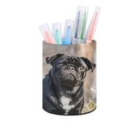 RLDOBOFE PU Leather Cute Black Pug Dog Pen Holder Round Pencil Organizer Stand Makeup Brush Stationery Container Desk Accessories Storage Organizer Desktop Box for Office Home