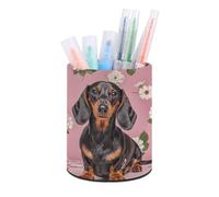 RLDOBOFE PU Leather Dachshund Florals Pen Holder Round Pencil Organizer Stand Makeup Brush Stationery Container Desk Accessories Storage Organizer Desktop Box for Office Home