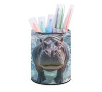 RLDOBOFE PU Leather Diving Hippo Pen Holder Round Pencil Organizer Stand Makeup Brush Stationery Container Desk Accessories Storage Organizer Desktop Box for Office Home